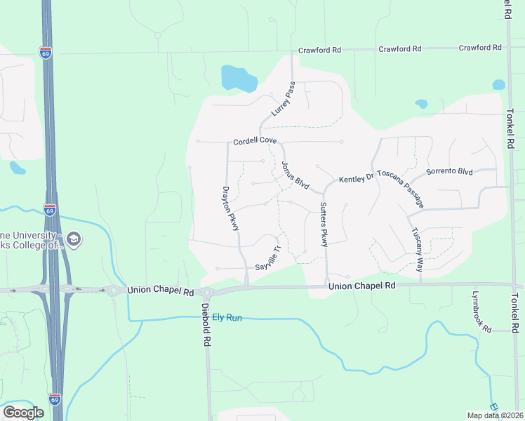map of restaurants, bars, coffee shops, grocery stores, and more near 4304 Bandera Cove in Fort Wayne