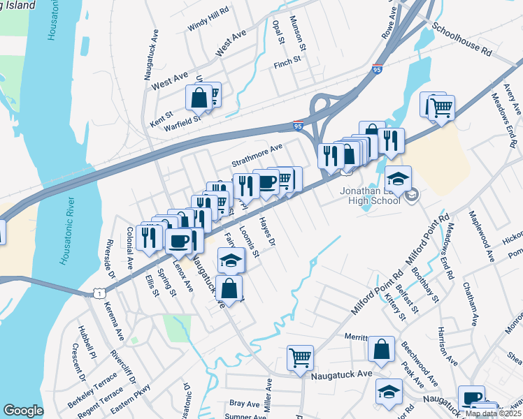 map of restaurants, bars, coffee shops, grocery stores, and more near 321 U.S. 1 in Milford