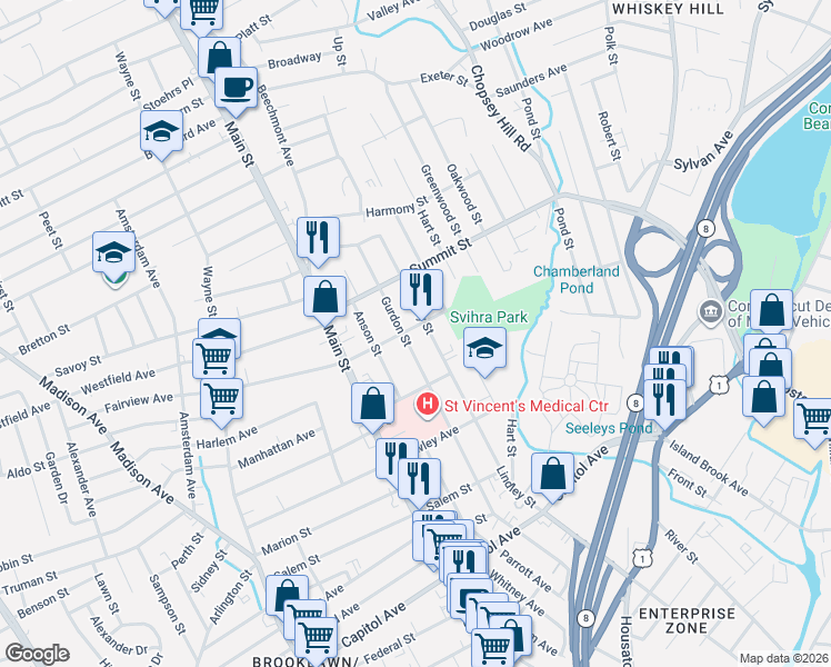 map of restaurants, bars, coffee shops, grocery stores, and more near 390 Gurdon Street in Bridgeport