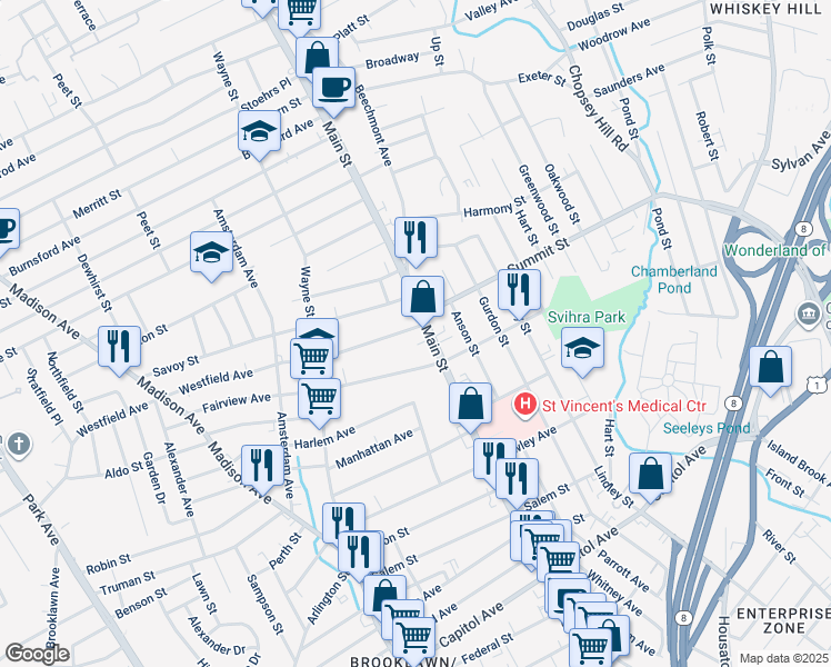 map of restaurants, bars, coffee shops, grocery stores, and more near 67 Westfield Avenue in Bridgeport