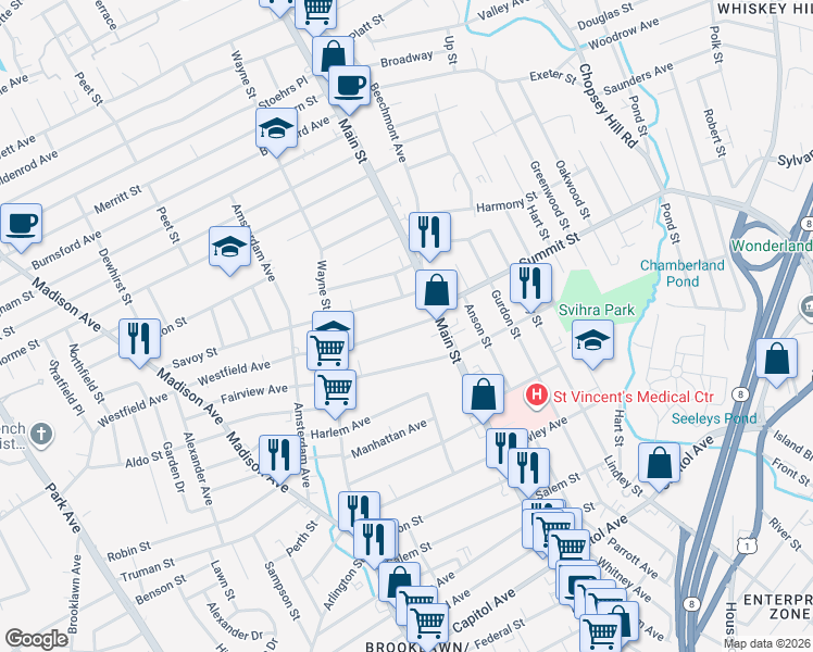 map of restaurants, bars, coffee shops, grocery stores, and more near 67 Westfield Avenue in Bridgeport