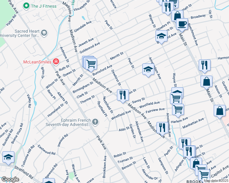 map of restaurants, bars, coffee shops, grocery stores, and more near 1939 Madison Avenue in Bridgeport
