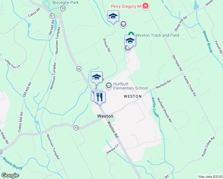 map of restaurants, bars, coffee shops, grocery stores, and more near 1-91 School Rd in Weston