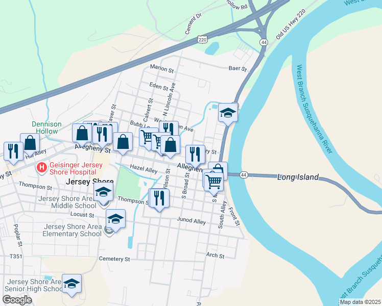 map of restaurants, bars, coffee shops, grocery stores, and more near McClintock Alley in Jersey Shore