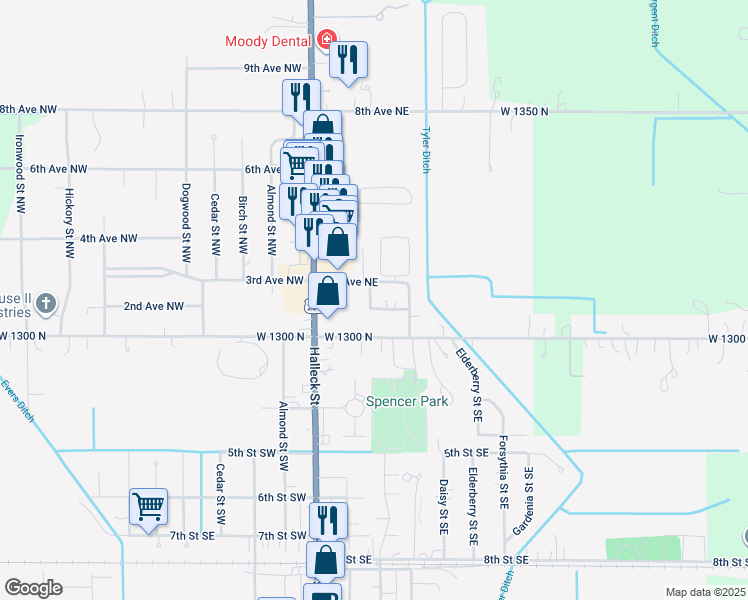 map of restaurants, bars, coffee shops, grocery stores, and more near 207 2nd Avenue Northeast in De Motte