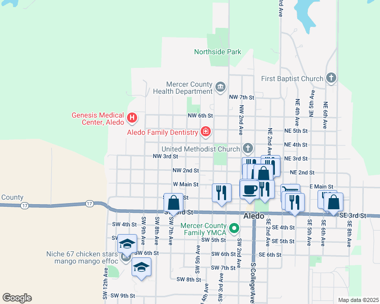 map of restaurants, bars, coffee shops, grocery stores, and more near 510 Northwest 3rd Street in Aledo