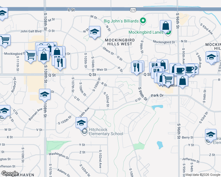 map of restaurants, bars, coffee shops, grocery stores, and more near 10205 R Street in Omaha