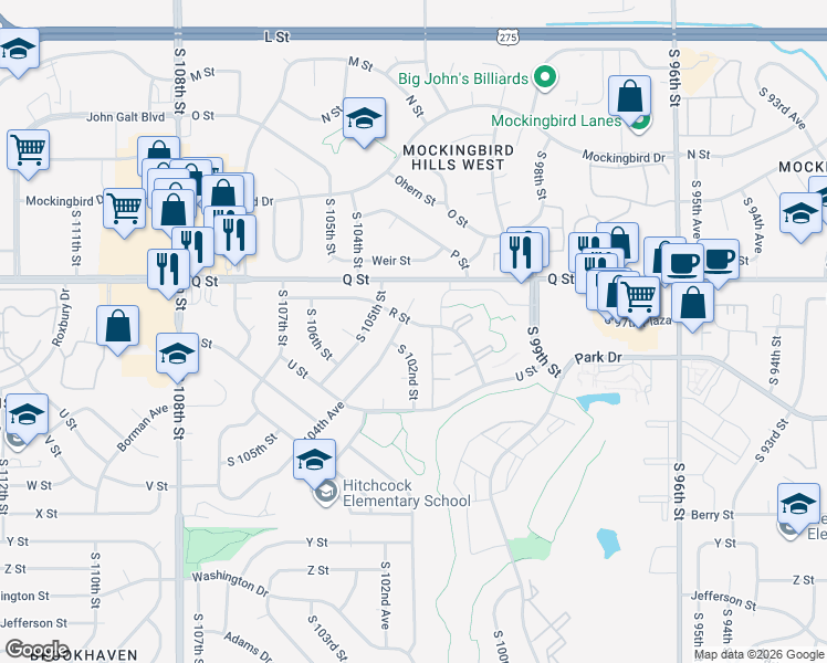 map of restaurants, bars, coffee shops, grocery stores, and more near 10205 R Street in Omaha
