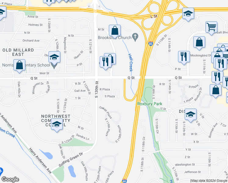 map of restaurants, bars, coffee shops, grocery stores, and more near 5505 S 120th Plaza in Omaha