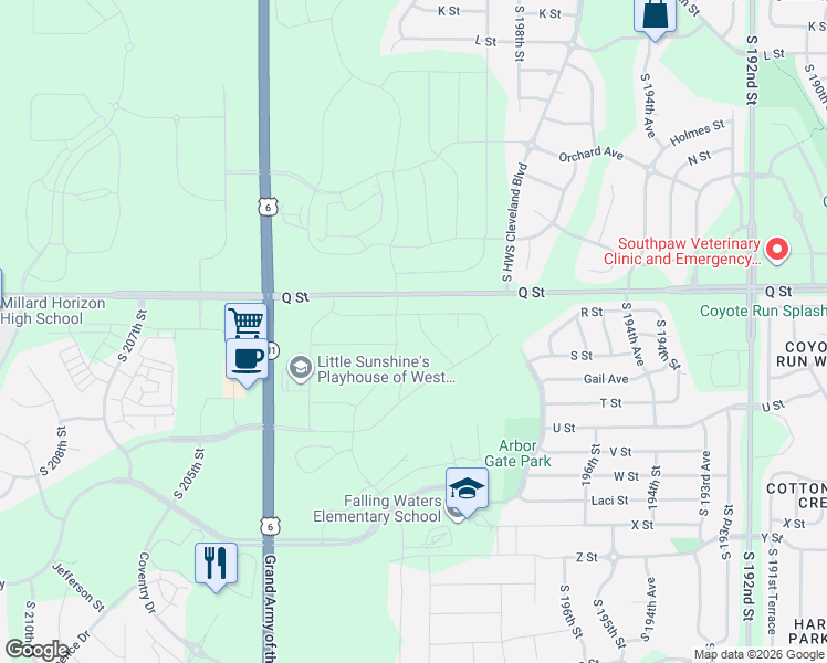 map of restaurants, bars, coffee shops, grocery stores, and more near 19813-20317 Q St in Omaha