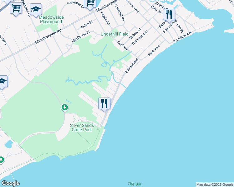 map of restaurants, bars, coffee shops, grocery stores, and more near 782 East Broadway in Milford