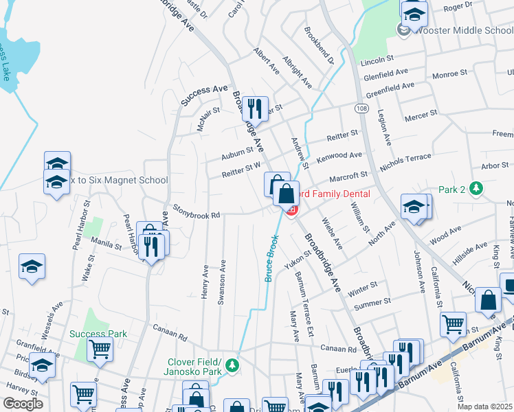 map of restaurants, bars, coffee shops, grocery stores, and more near 82 Stonybrook Road in Stratford