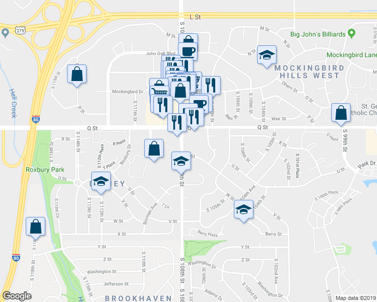 map of restaurants, bars, coffee shops, grocery stores, and more near 10790 V Street in Omaha