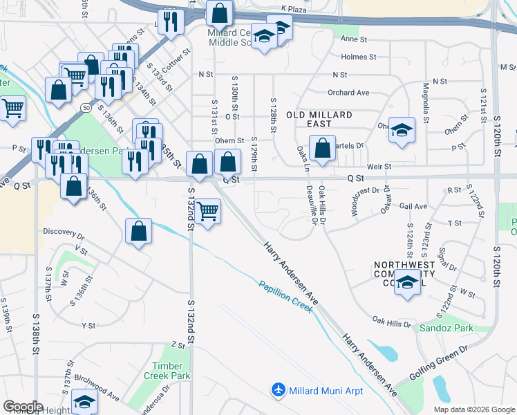 map of restaurants, bars, coffee shops, grocery stores, and more near 12835 Deauville Drive in Omaha