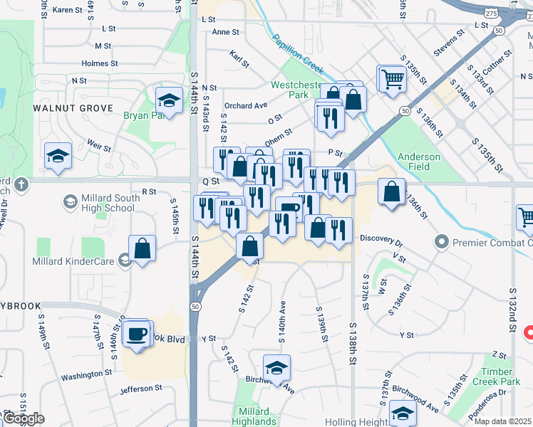 map of restaurants, bars, coffee shops, grocery stores, and more near 14145 S Street in Omaha