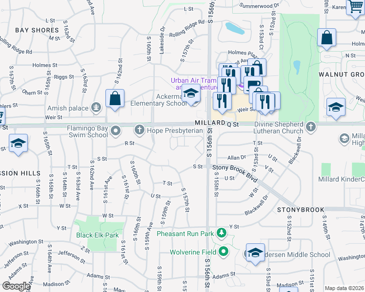 map of restaurants, bars, coffee shops, grocery stores, and more near 15711 R Plaza in Omaha