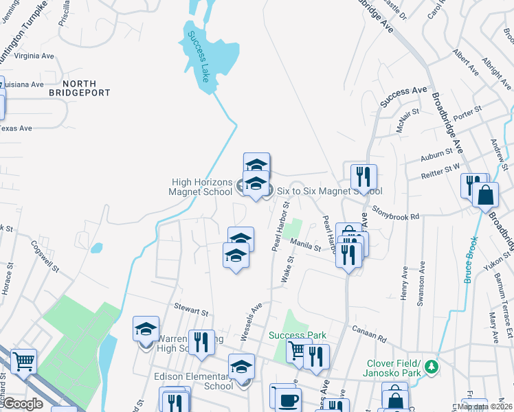 map of restaurants, bars, coffee shops, grocery stores, and more near 601 Pearl Harbor Street in Bridgeport