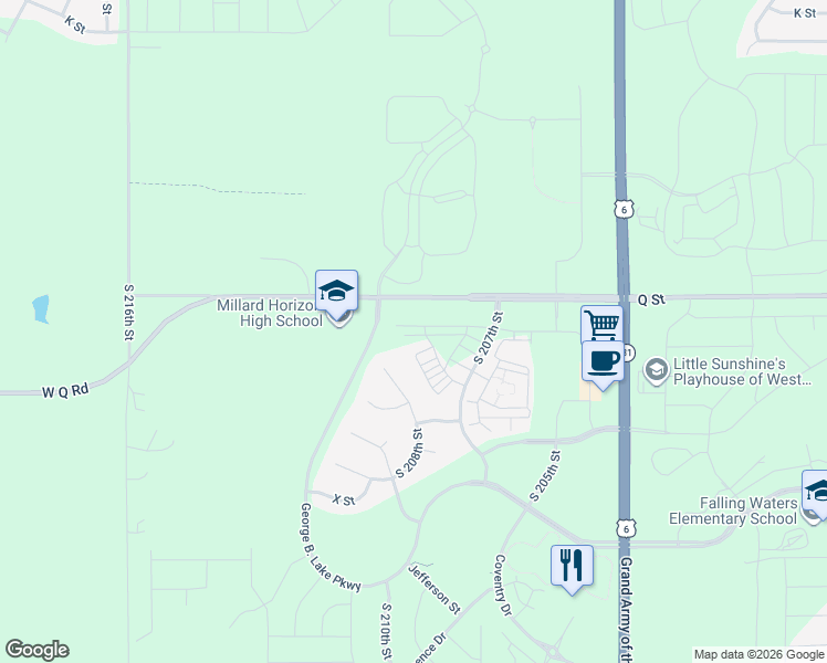 map of restaurants, bars, coffee shops, grocery stores, and more near 5507 South 208th Circle in Omaha