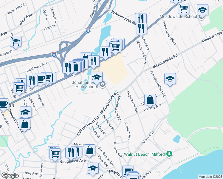 map of restaurants, bars, coffee shops, grocery stores, and more near 15 Lansdale Avenue in Milford