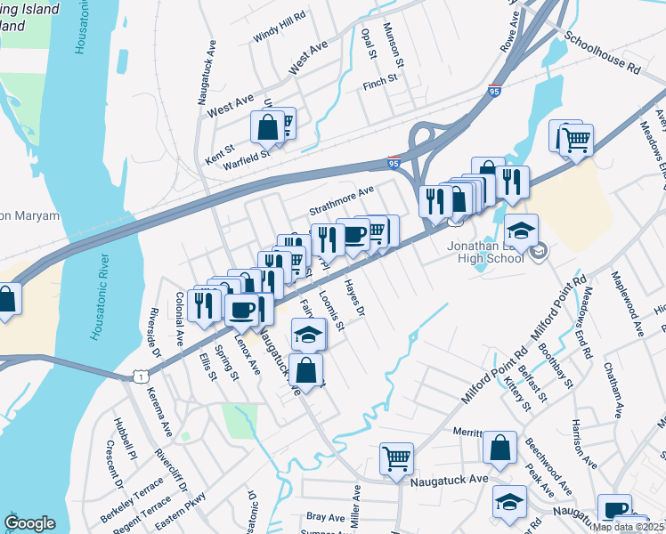 map of restaurants, bars, coffee shops, grocery stores, and more near 321 U.S. 1 in Milford