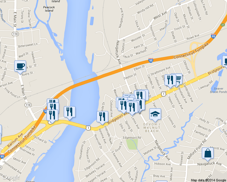 map of restaurants, bars, coffee shops, grocery stores, and more near 28 Sachem Street in Milford
