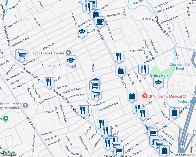 map of restaurants, bars, coffee shops, grocery stores, and more near 448 Wayne Street in Bridgeport