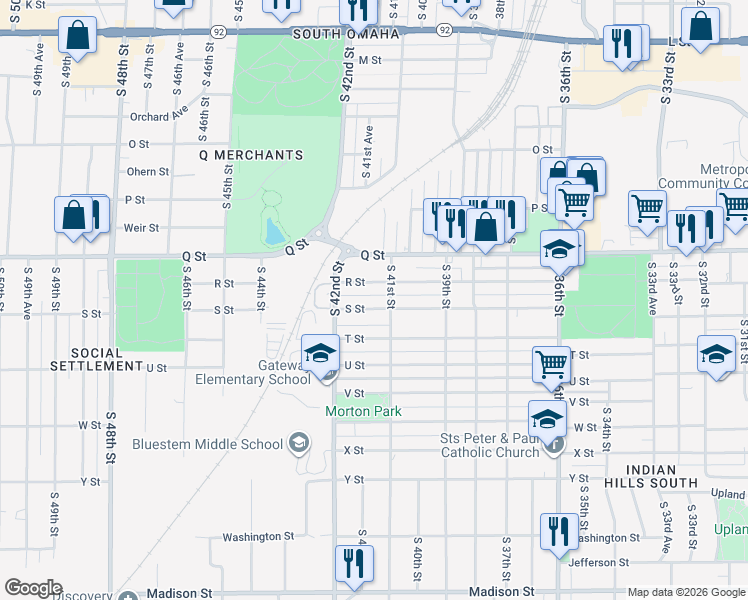 map of restaurants, bars, coffee shops, grocery stores, and more near 4129 S Street in Omaha