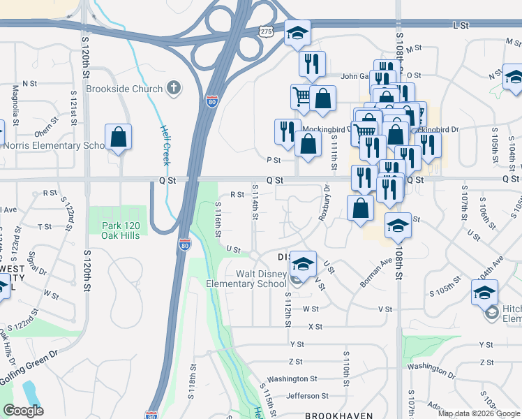map of restaurants, bars, coffee shops, grocery stores, and more near 5407 South 114th Street in Omaha