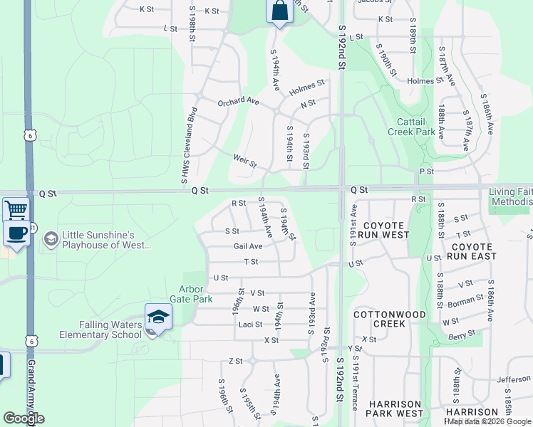 map of restaurants, bars, coffee shops, grocery stores, and more near 5356 South 194th Avenue in Omaha
