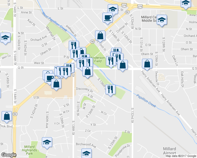 map of restaurants, bars, coffee shops, grocery stores, and more near 5352 S 136th St in Omaha