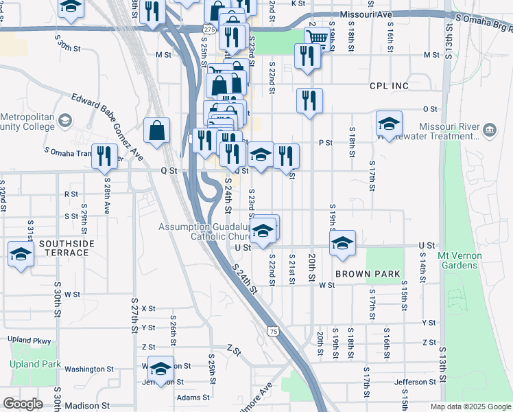 map of restaurants, bars, coffee shops, grocery stores, and more near 5247 South 23rd Street in Omaha