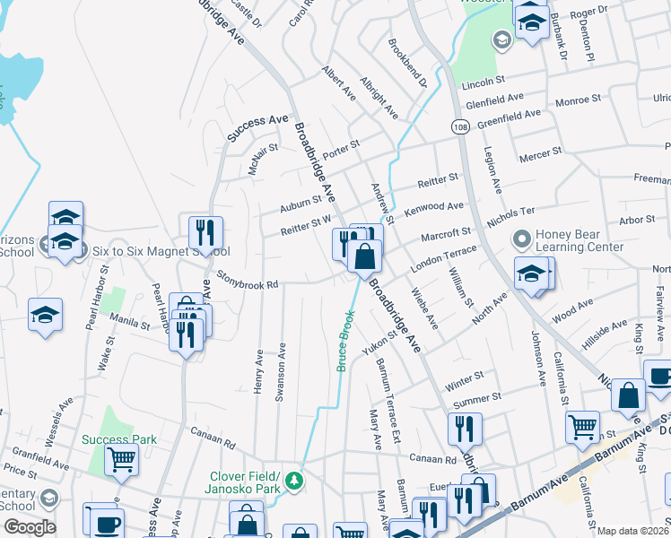map of restaurants, bars, coffee shops, grocery stores, and more near 65 Stonybrook Road in Stratford