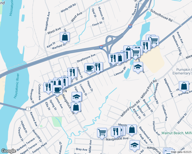 map of restaurants, bars, coffee shops, grocery stores, and more near 361 Bridgeport Avenue in Milford