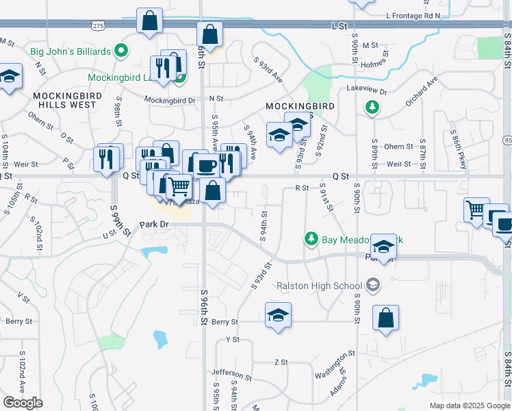 map of restaurants, bars, coffee shops, grocery stores, and more near 10025 S Street in Omaha