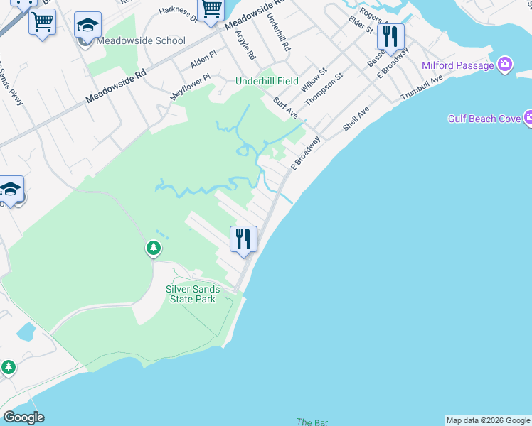 map of restaurants, bars, coffee shops, grocery stores, and more near 782 East Broadway in Milford