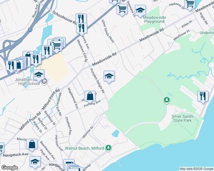 map of restaurants, bars, coffee shops, grocery stores, and more near 27 Art Street in Milford