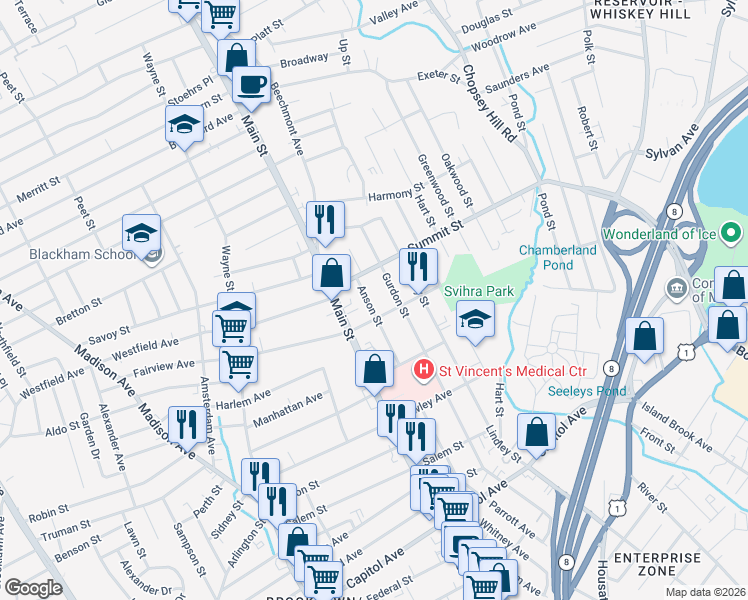 map of restaurants, bars, coffee shops, grocery stores, and more near 176 Fairview Avenue in Bridgeport