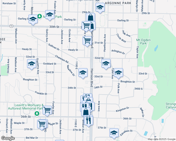 map of restaurants, bars, coffee shops, grocery stores, and more near 3293 Harrison Boulevard in Ogden