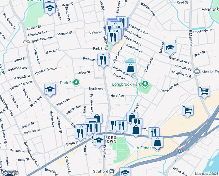 map of restaurants, bars, coffee shops, grocery stores, and more near 3158 Main Street in Stratford