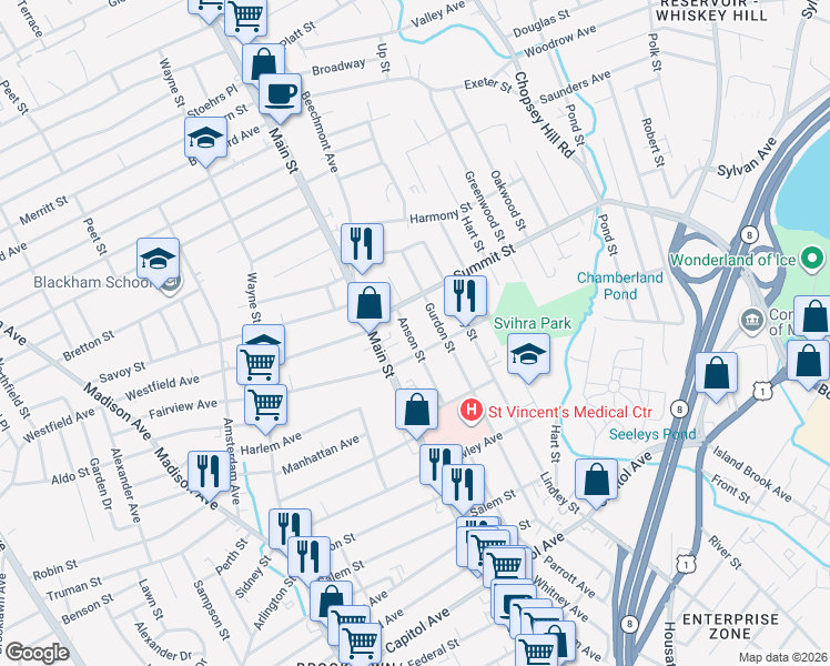map of restaurants, bars, coffee shops, grocery stores, and more near 176 Fairview Avenue in Bridgeport