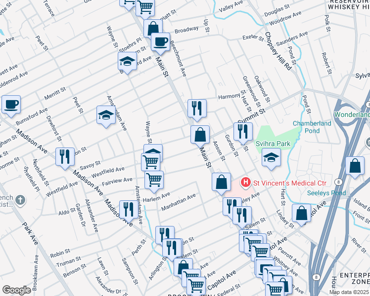 map of restaurants, bars, coffee shops, grocery stores, and more near 67 Westfield Avenue in Bridgeport