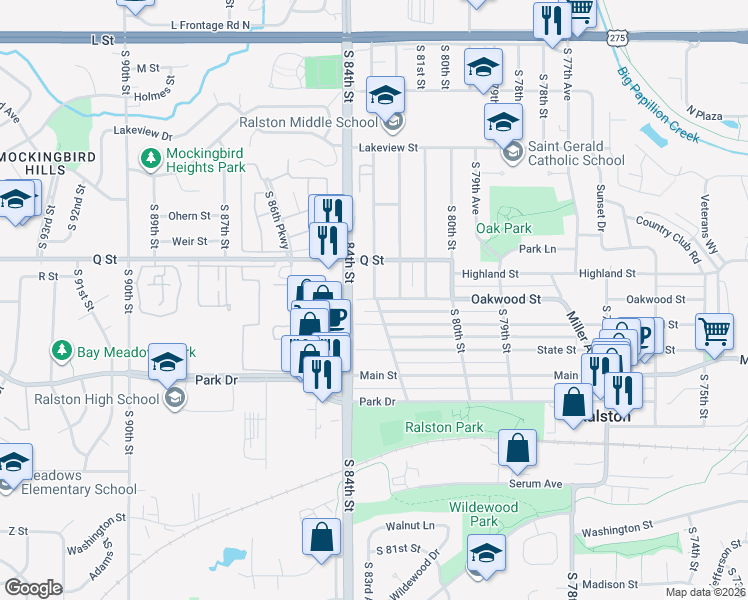 map of restaurants, bars, coffee shops, grocery stores, and more near 5308 Woodlawn Avenue in Ralston