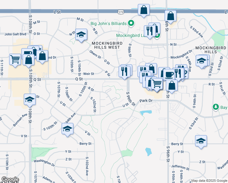 map of restaurants, bars, coffee shops, grocery stores, and more near 9916 U Street in Omaha