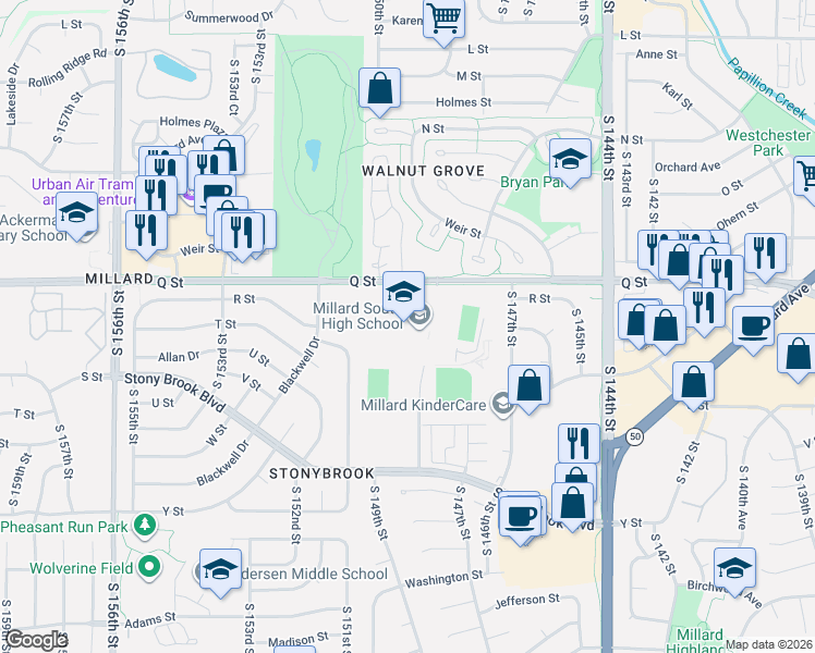 map of restaurants, bars, coffee shops, grocery stores, and more near 14905 Q Street in Omaha