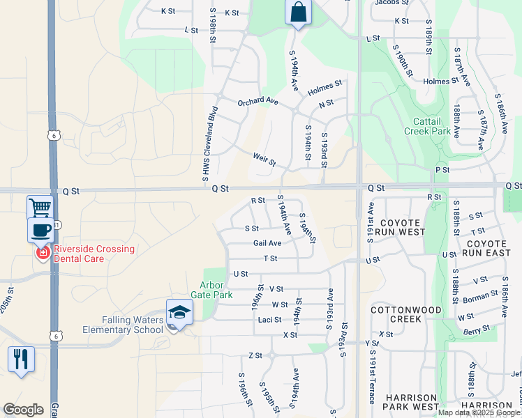 map of restaurants, bars, coffee shops, grocery stores, and more near 5317 South 196th Street in Omaha