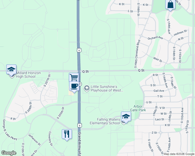 map of restaurants, bars, coffee shops, grocery stores, and more near 20195-20243 Q Street in Omaha