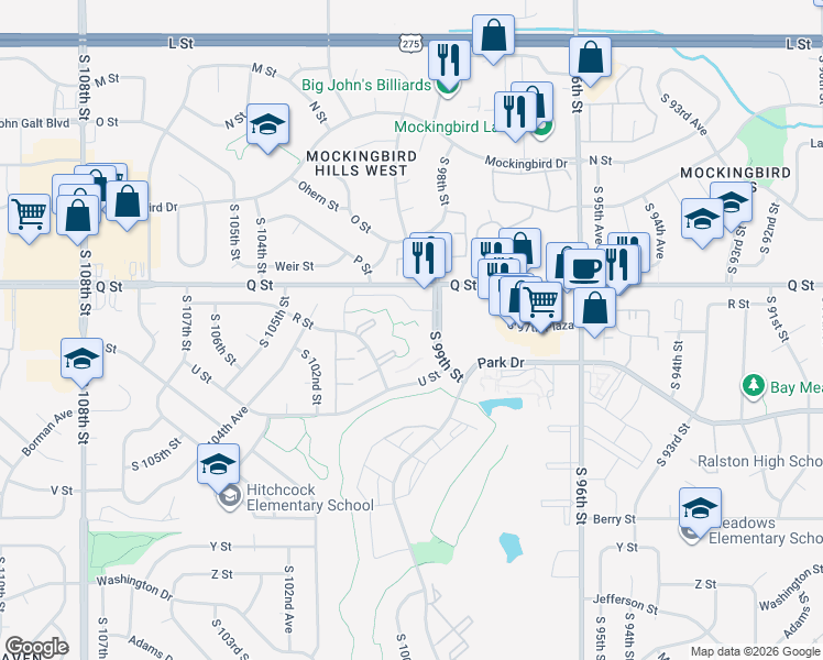 map of restaurants, bars, coffee shops, grocery stores, and more near 9916 U Street in Omaha