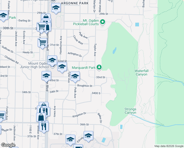 map of restaurants, bars, coffee shops, grocery stores, and more near 3295 Taylor Avenue in Ogden