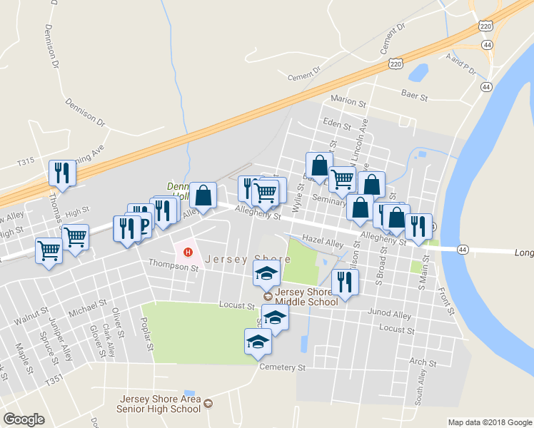map of restaurants, bars, coffee shops, grocery stores, and more near 701 Allegheny St in Jersey Shore