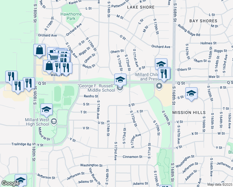 map of restaurants, bars, coffee shops, grocery stores, and more near 5304 South 172nd Street in Omaha